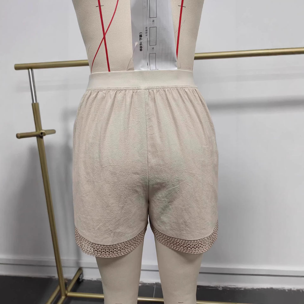Summer New Retro Hollow Crochet Cotton-Linen Pants For Women Artistic Lace-trimmed Shorts
