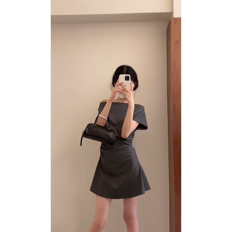 Gray High-grade Off-neck Short Sleeve Dress