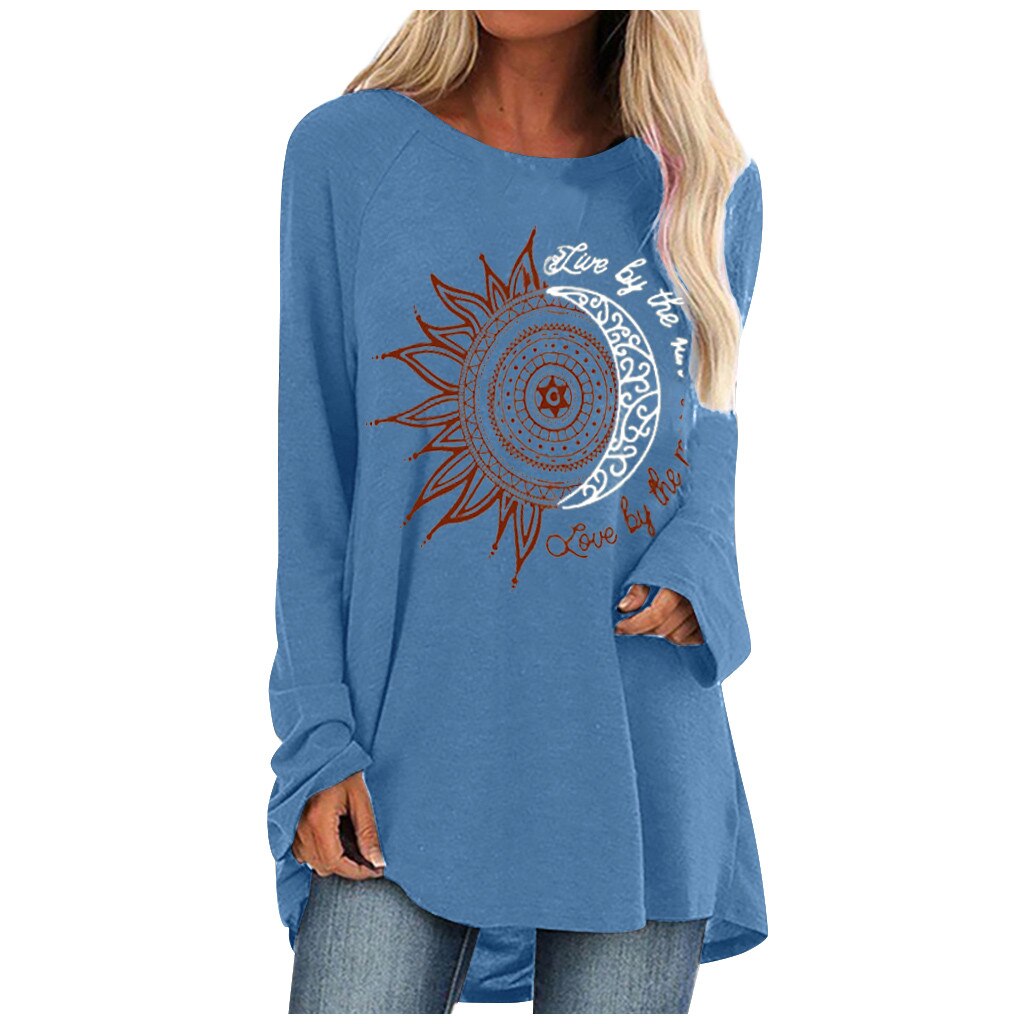 Loose round neck sun flower letter print long sleeve T-shirt