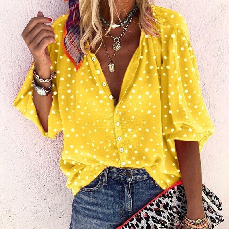 Printed Long Sleeve V-neck Button Ladies Blouse Women
