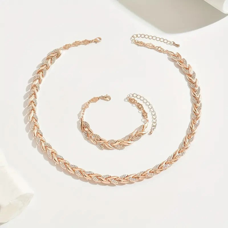 2PCS Glass Leaf Necklace Set Elegant Rhinestone Chain Necklace Bracelet For Women Fashion Luxury Jewelry Set