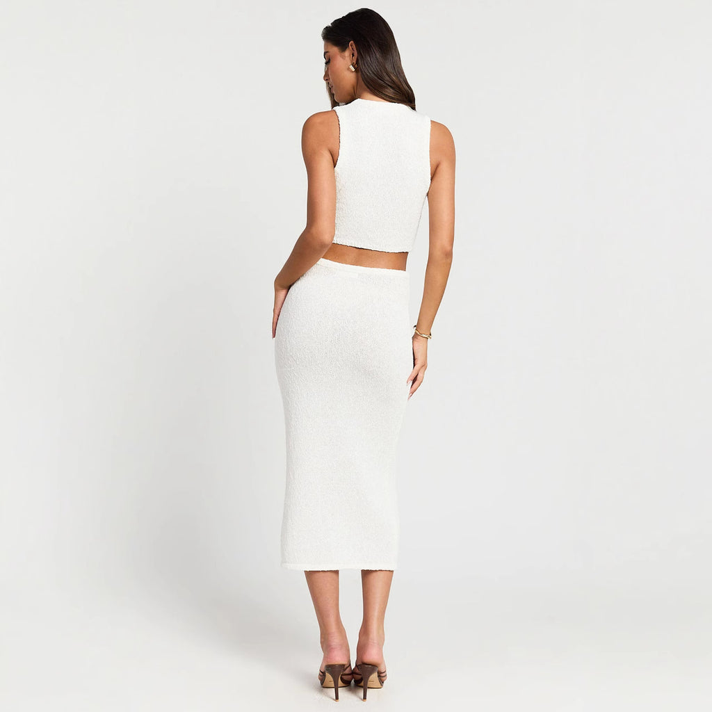 Solid Color Sleeveless Knitting Suit Women's Fashion Vacation High Waist Long Skirt Two-piece Set