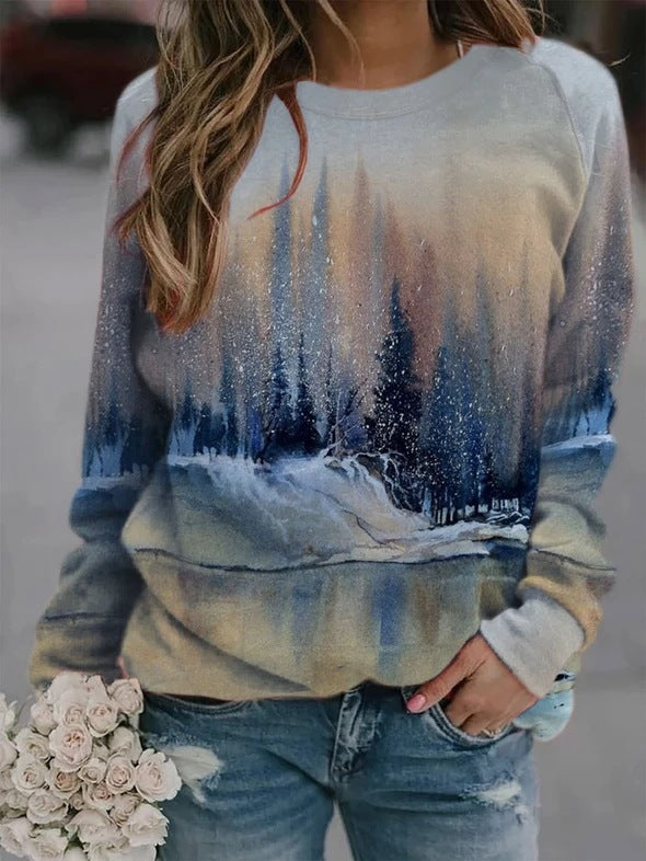 Popular women's landscape print long-sleeved T-shirt top