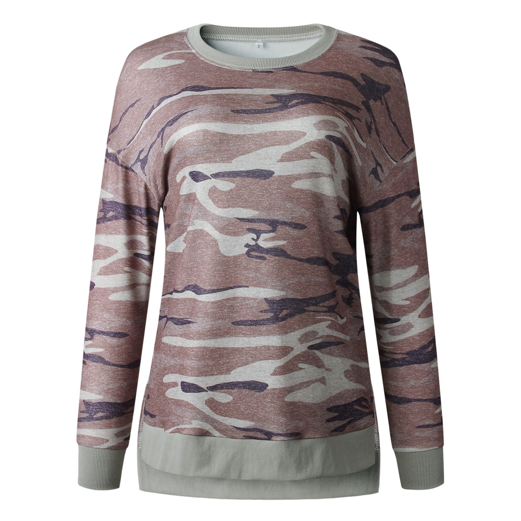 Leopard print round neck irregular long-sleeved blouse