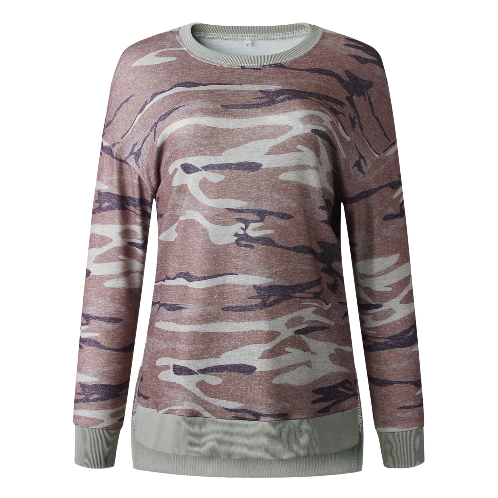 Leopard print round neck irregular long-sleeved blouse