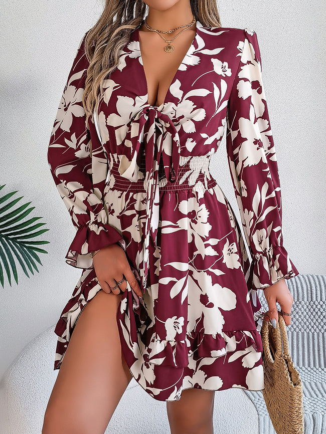 Women's Floral Long Sleeve Scalloped Hem A-Line Dress Hover Image