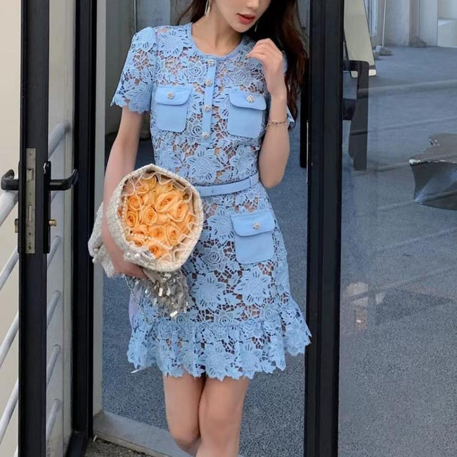 French Minority Elegant Socialite Light Blue Round Neck Lace Short Sleeve Dress Hover Image