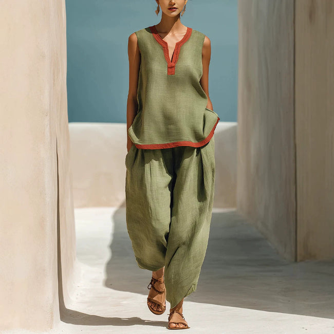 Summer Contrast-Colored Wide-Leg Pants Suit Womens Cotton-Linen Fashionable Two-Piece Set Hover Image