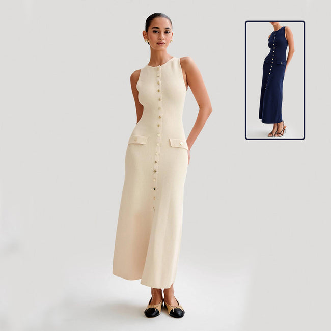 Elegant Knitted Sleeveless Dress With Single Breast Fashion Slim Round Neck Long Dresses Womens Clothing Hover Image