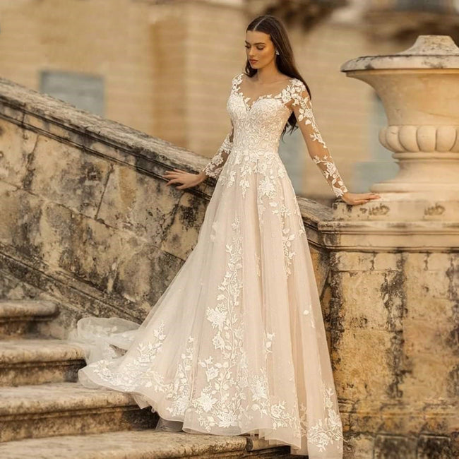 Long Sleeve Wedding Dress Mori Style Bridal Simple Round Neck Hover Image