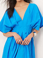 Blue V-neck Pleated Dress Bell Sleeve Dress French Style