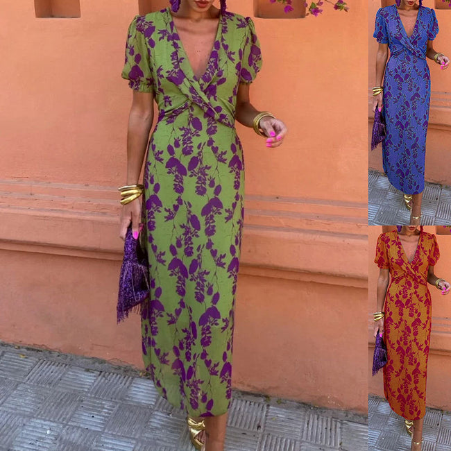 Summer V-neck Short-sleeved Dress Fashion Flowers Printed Slim Beach Dresses For Women Clothing Hover Image