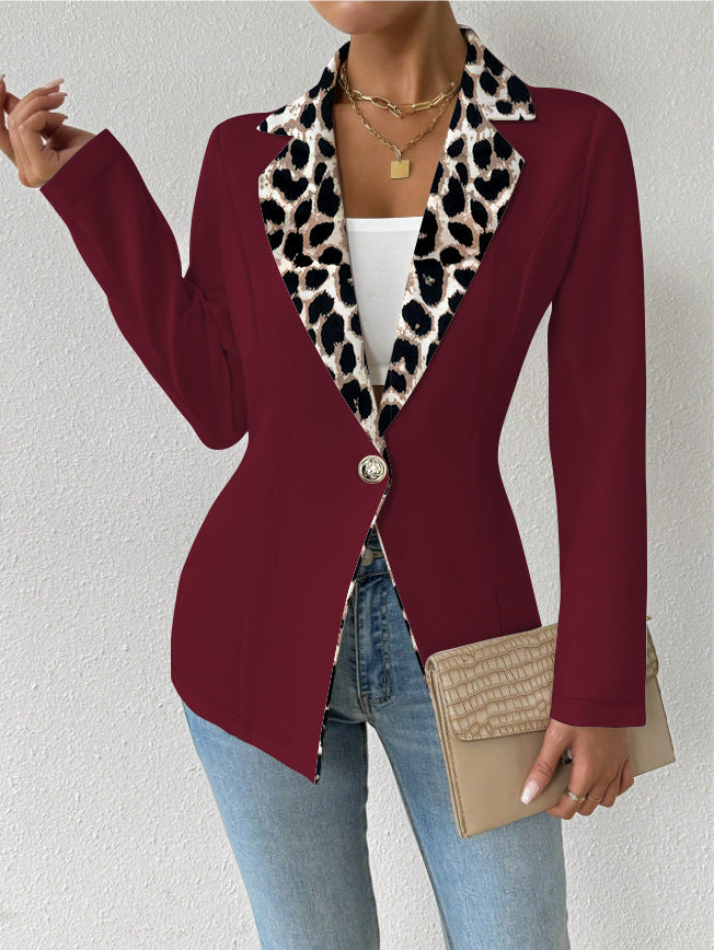 Womens Elegant Leopard-Print Long-Button Printed Blazer