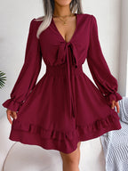Women  Casual Tie Waist Ruffle Trim Flowy Dress