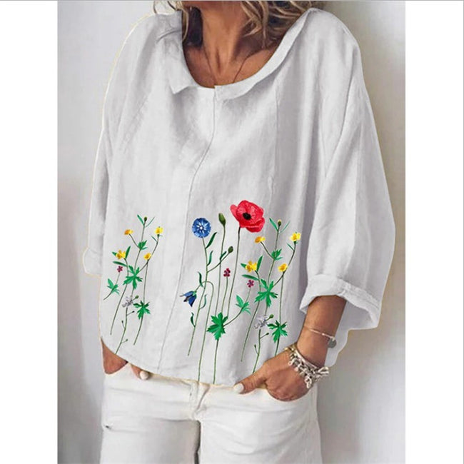 Linen loose Lapel long sleeve shirt for women Hover Image