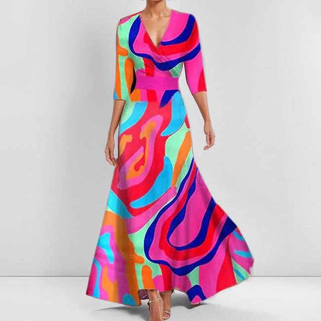 Fashion Print Half-sleeve V-neck Dress Temperament Slim Tight Waist Dresses For Women Main Image