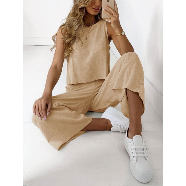 Cotton And Linen Suit Women's Sleeveless Shirt Cropped Wide-leg Pants Two Piece Set Hover Image