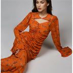 Pleated Print Chiffon Dress