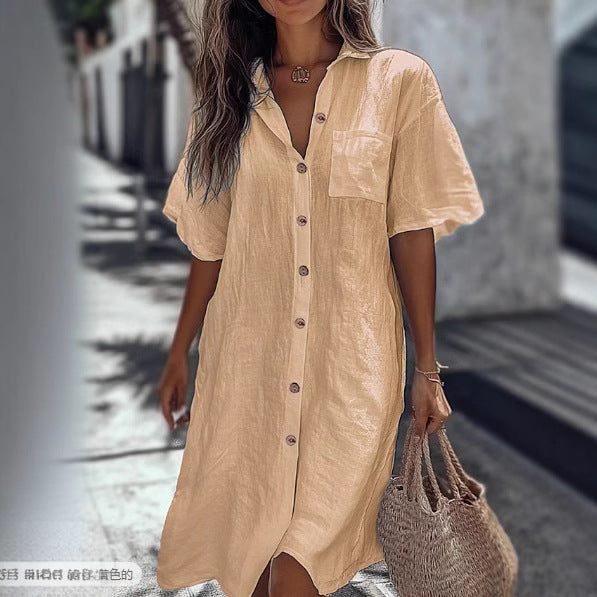 Casual Solid Shirt Dress Lady Fashion Short Sleeve Button Loose Dresses Women Elegant Office Skirt Womens Clothing Summer Main Image