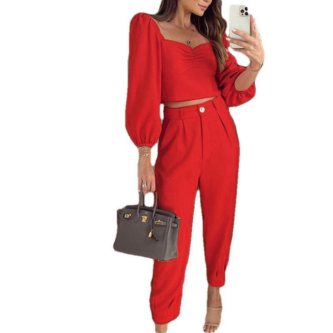Fashion Matching Suit Temperament Pure Color Square Collar Long Sleeve Top High Waist Ankle-tied Trousers Two-piece Set Main Image