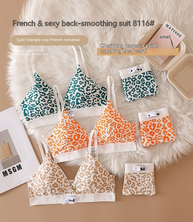 Leopard Print Seamless Wireless Bra Adjustable Shoulder Lingerie Set Main Image