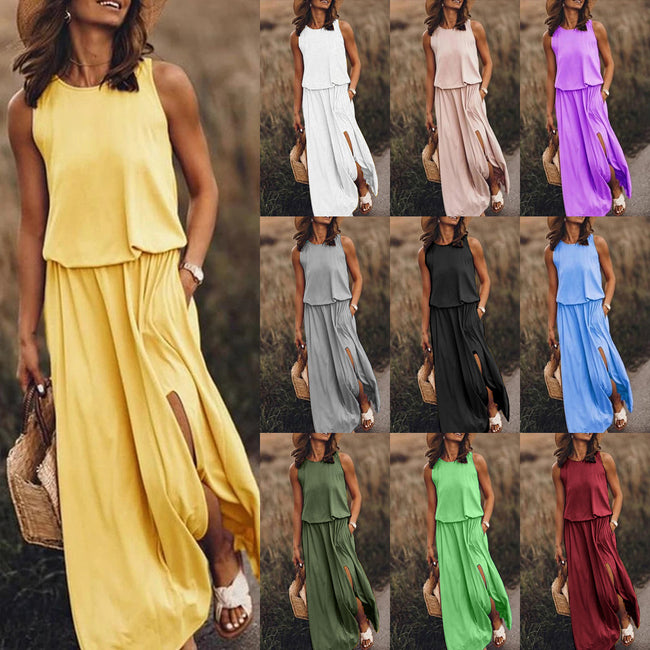 Round Neck Sleeveless Split Solid Color Dress Hover Image