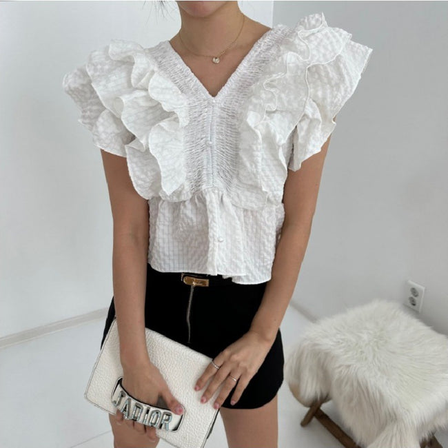 V-neck Ruffled Sleeve Shirt For Women Hover Image
