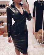 Pu leather v-neck slim sexy dress