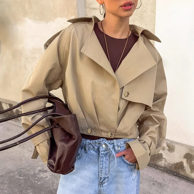 Women's Khaki Double Breasted Blazer Collar Coat Hover Image
