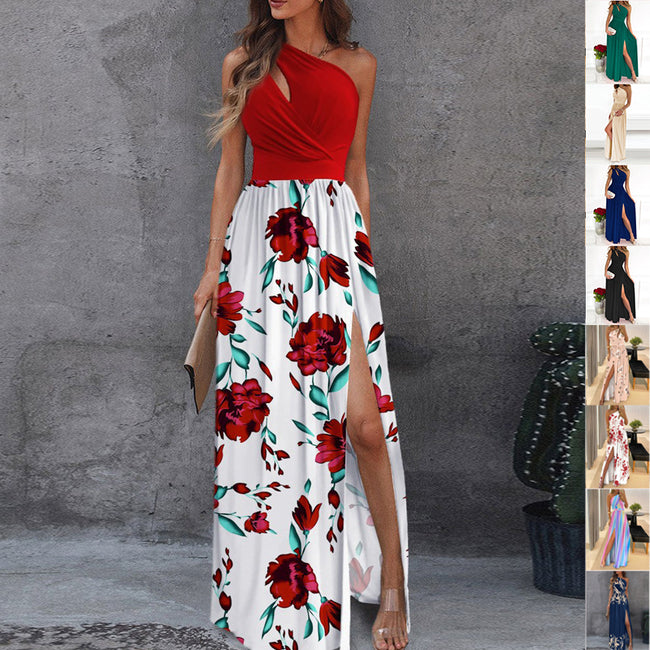 Rose Print Split Dress Summer Fashion One-shoulder Long Dress Womens Clothing Hover Image