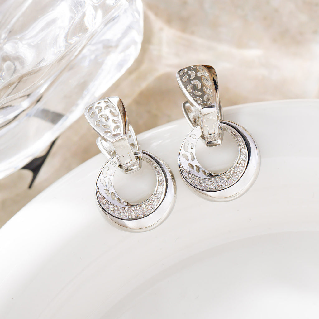 Luxury Hollow Round Moon Rose Gold Silver Color Drop Earrings For Women Micro-wax Inlay Natural Zircon Flower Bridal Wedding Daily Jewelry For Women