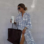 Autumn Casual Print Vacation Loose Dress Women Fashion V-neck Flare Sleeve Elegant Ruffle Shirt Dress Female Vintage Loose Dress