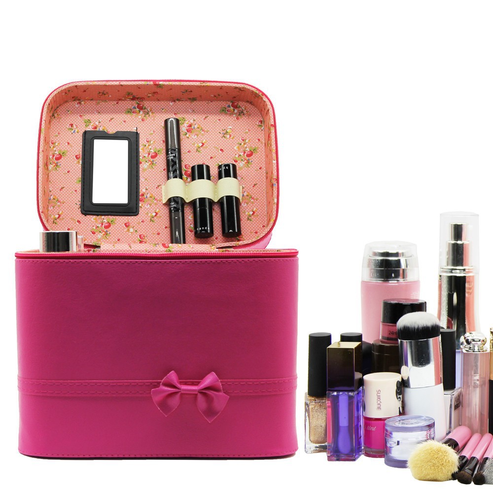 Cosmetic Case Women's Bag Bow Large Capacity Fashion Storage Box Cute Simple Portable Travel Makeup Pu Bag
