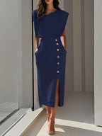 Women's Summer Split Dress With Buttons Casual Sleeveless Midi Dress Clothing