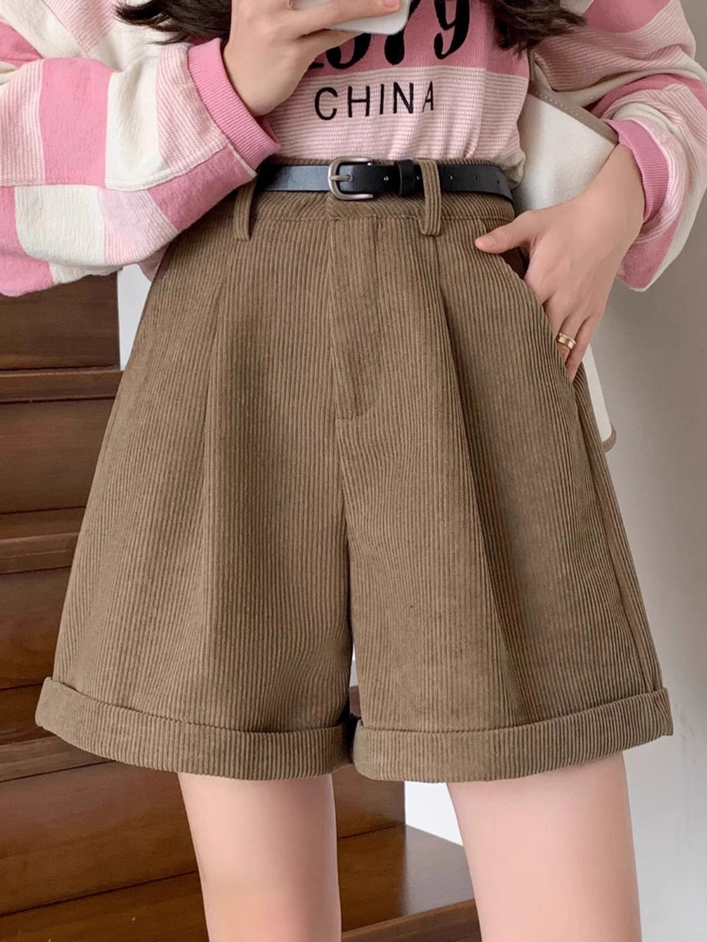 Shorts En Velours Côtelé Marron Tendance Pour Femmes