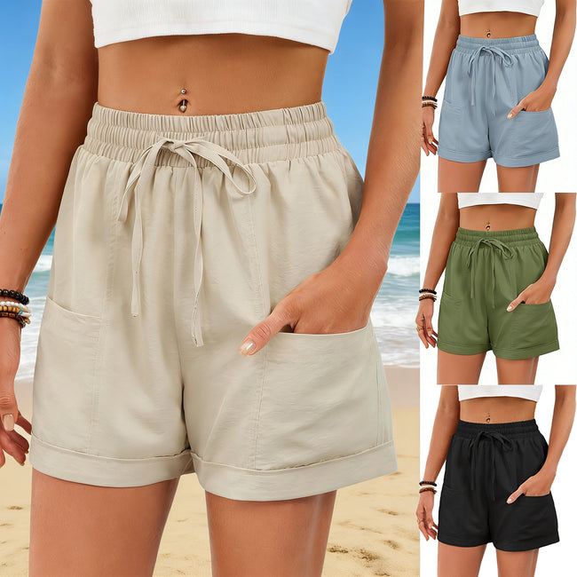 Solid-color Pocketed Drawstring Elastic-waist Loose-fitting Shorts For Women Hover Image