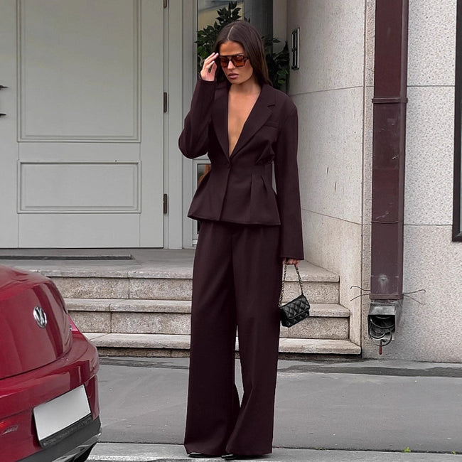 Autumn Workplace Brown Waist-cinching Suit And Trousers Set Hover Image