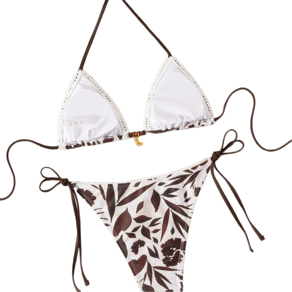 Printed Pendant Floral Trim Swimsuit Bikini