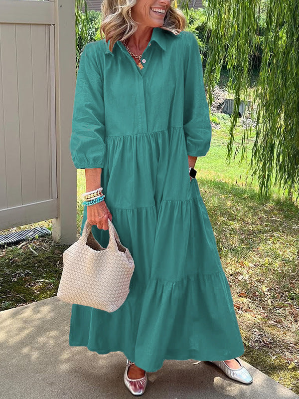 Casual Loose Lapels Mid-sleeve Large Swing Dress