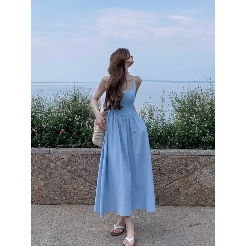 Gentle Blue Pleated Suspender Dress