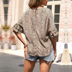 Stylish Shirt Leopard Print Bat Ruffle Sleeve Printed Shirt For Women
