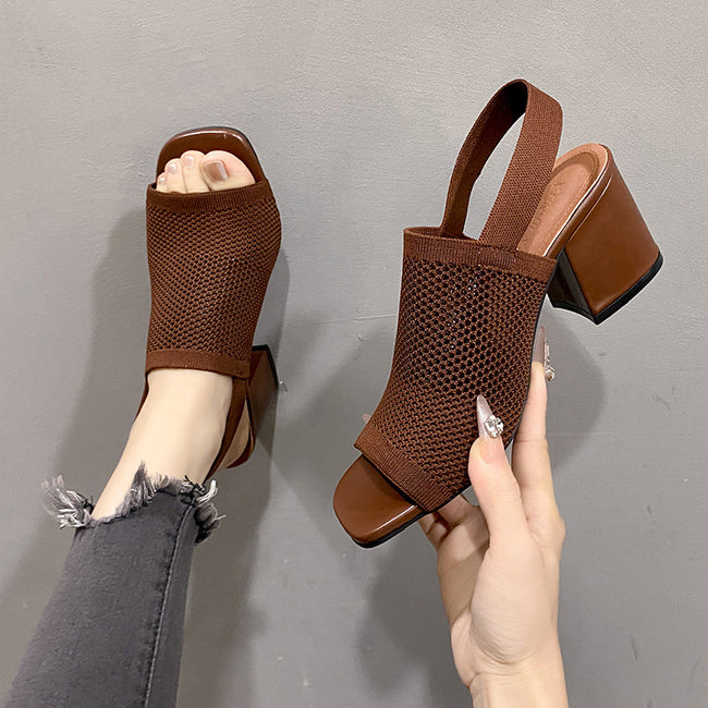 European And American Flying Woven High Heel Chunky Heel Sandals For Women Hover Image