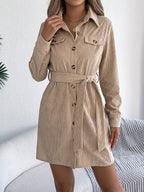 Casual Solid Color Single-breasted Long Sleeve Lace-up Corduroy Shirt Dress