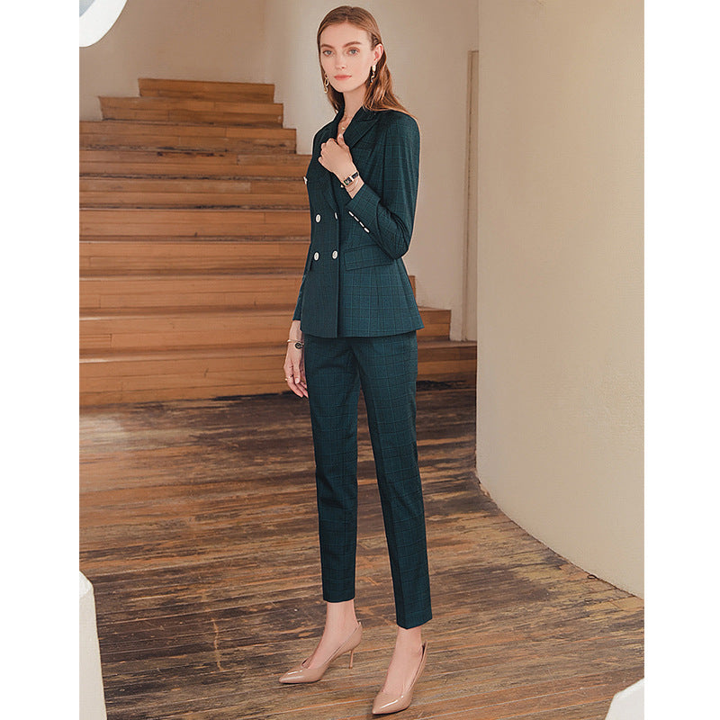 High-end Professional Dark Green Plaid Suit Set