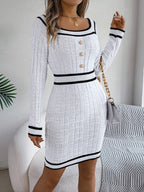 Elegant Square Neck Button Long Sleeve Sweater Dress