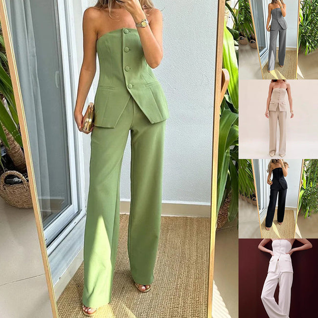 Graceful Tube Top Suit Fashion Button Sleeveless Top And Straight Pants Women's Trousers Set Hover Image