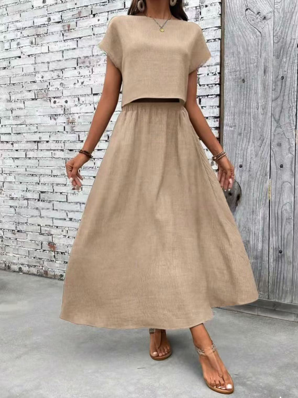 2 Piece Set Women's Solid Color Short Sleeve Top And Casual A- Line Dress Suit