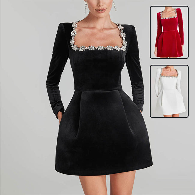 Christmas Elegant Square Neck Long-sleeved Dress With Flowers Rhinestone Design Fashion A-line Short Dresses Spring Clothing For Women Hover Image