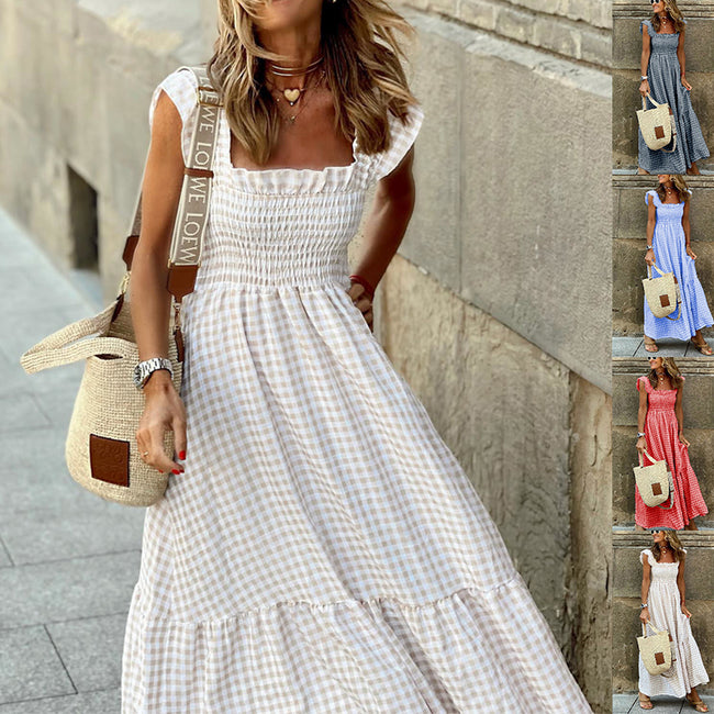 Summer Plaid Print Pleated Ruffle Dress INS Fashion Sleeveless A-line Swing Beach Dress Women's Clothing Hover Image