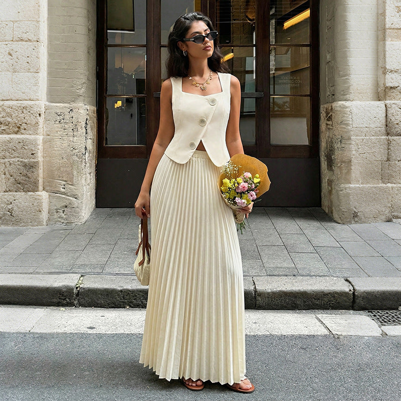 Fashionable And Elegant Set Pleated Long Skirt Suit For Women
